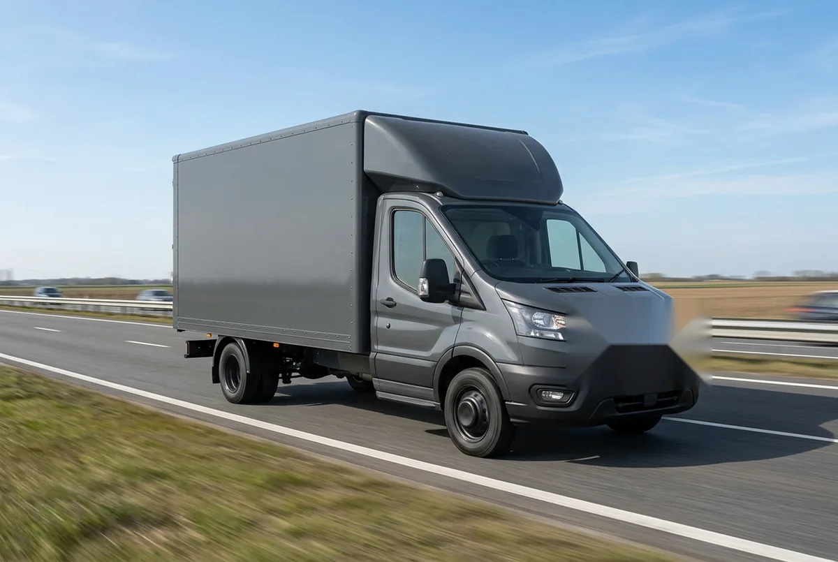 Generated illustration, not a photograph: Ford Transit, 125 kW, 4x2, lorry (2017–2023), a 4×2 rigid lorry
